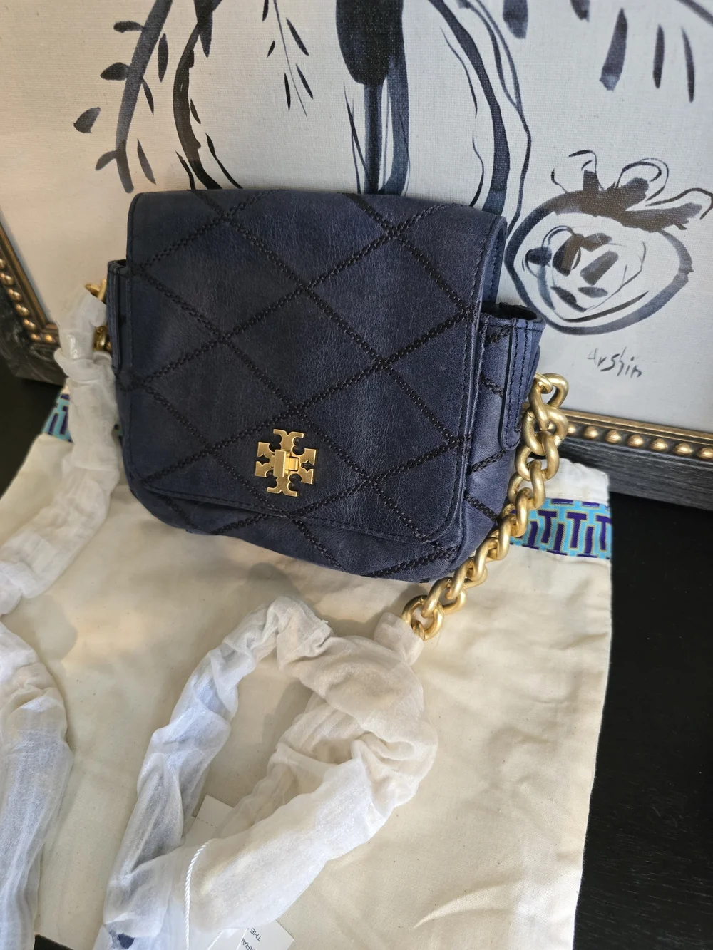 Tory Burch Navy Quilted Lysa Mini Crossbody Bag Gold Chain Strap Turn Lock NWT